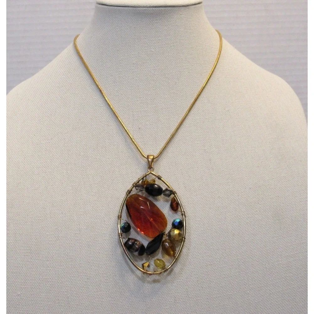 Gold‎ Tone Snake Chain Necklace Amber Multi Bead Wire Wrapped Oval Pendant